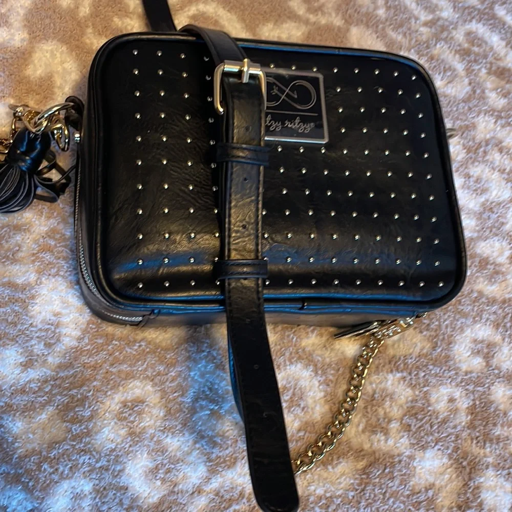 Itzy Ritzy Black Studded Crossbody Bag with Gold Tassel